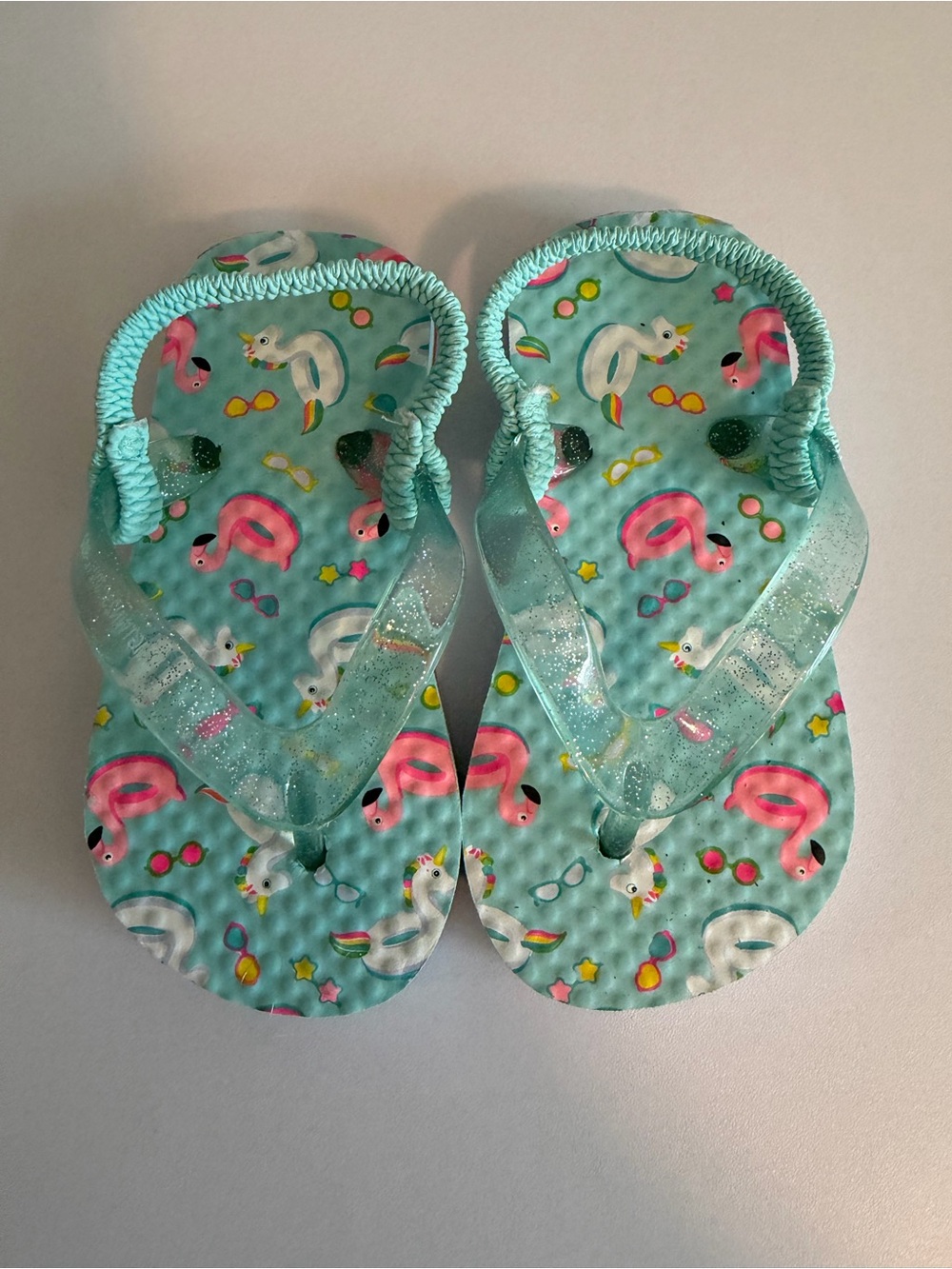 Wonder Nation Aqua Flip Flop Sandals with Pink Flamingo Print